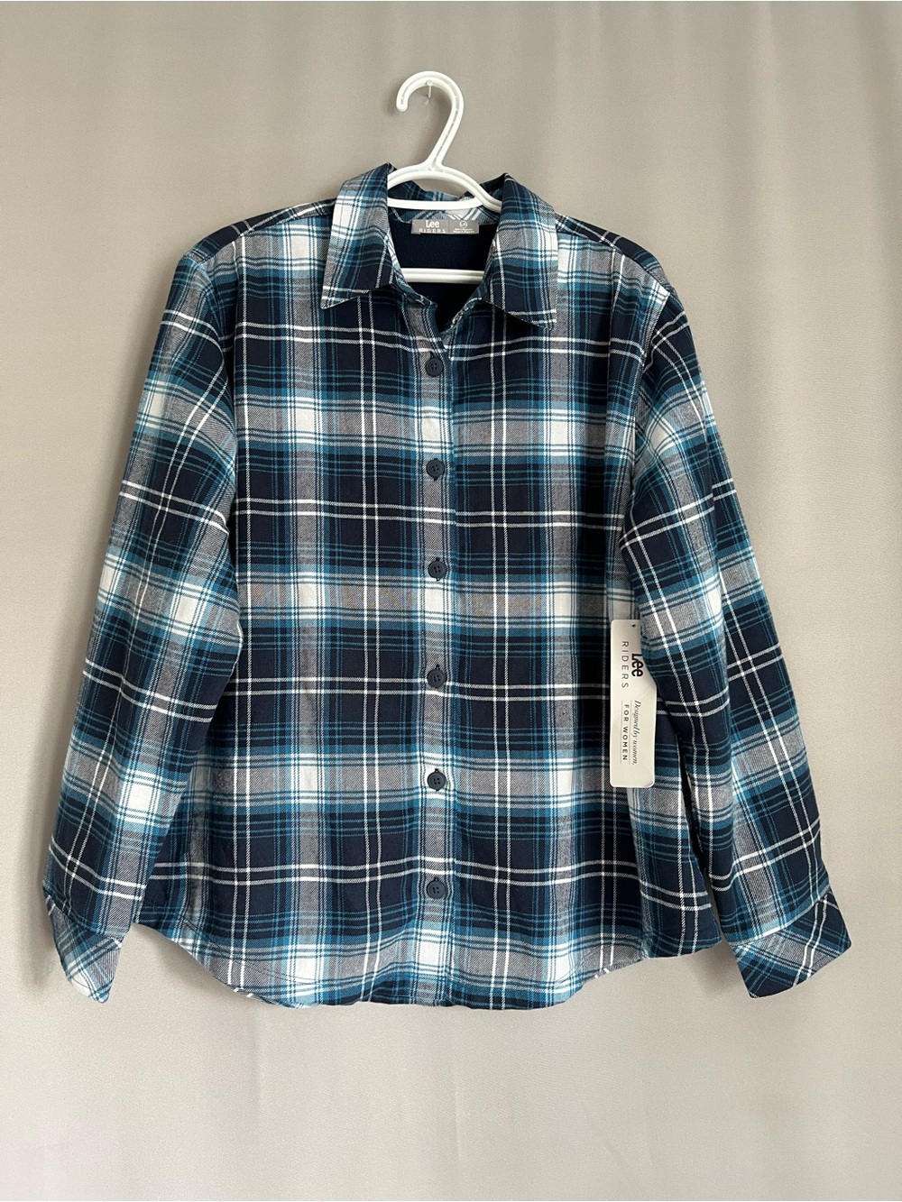 Lee Women’s Teal, Navy & White Plaid Lined Button-Up Shirt